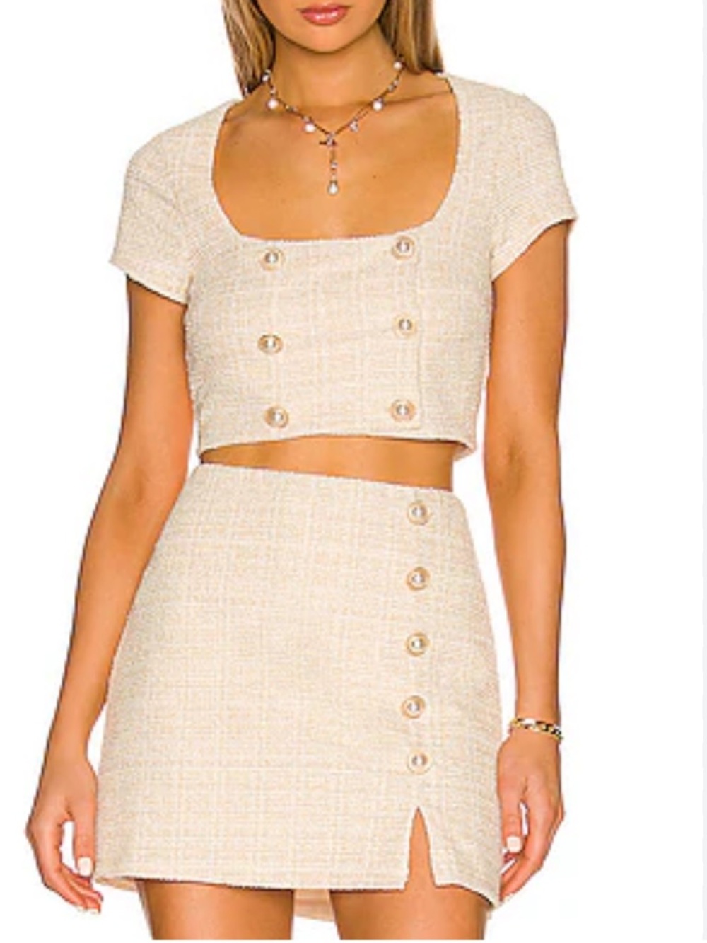 NEW Show Me Your Mumu White & Gold Tweed Mini Skirt & Top Set